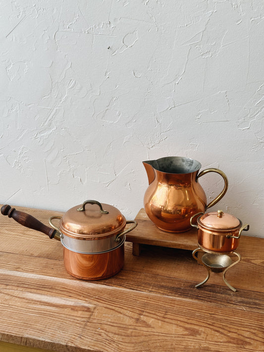 Vintage Brass Double Boiler with Wood Handle