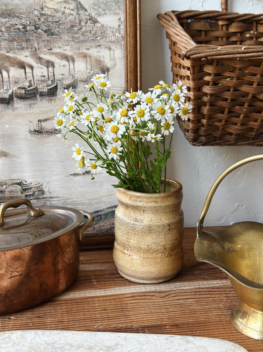 Vintage Beige Ceramic Vase w/ Ripples