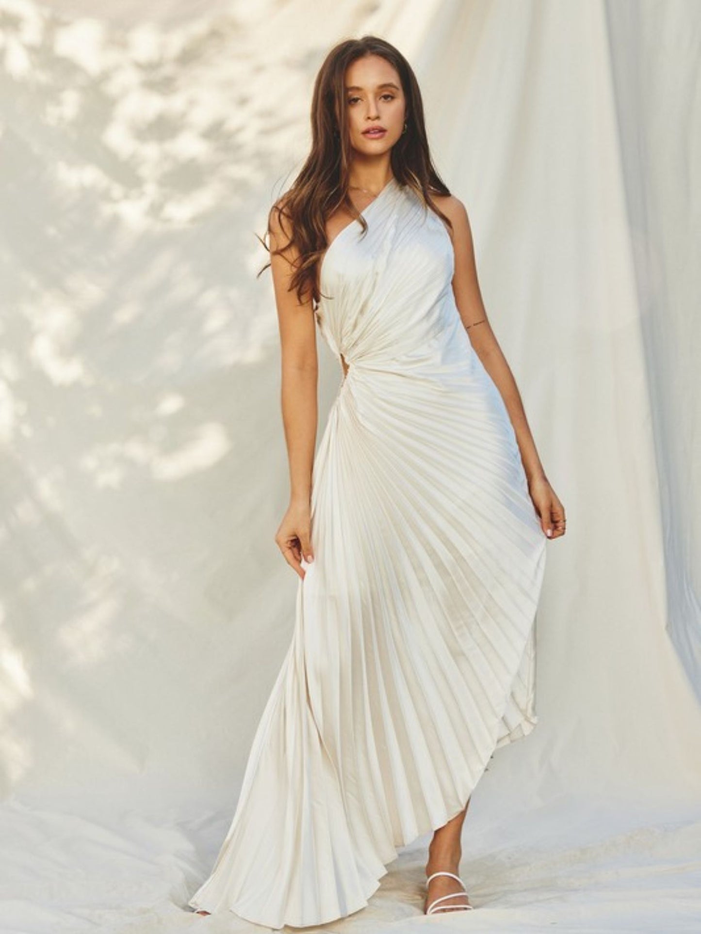 Olympia Asymmetrical Pleated Maxi Dress - Pearl