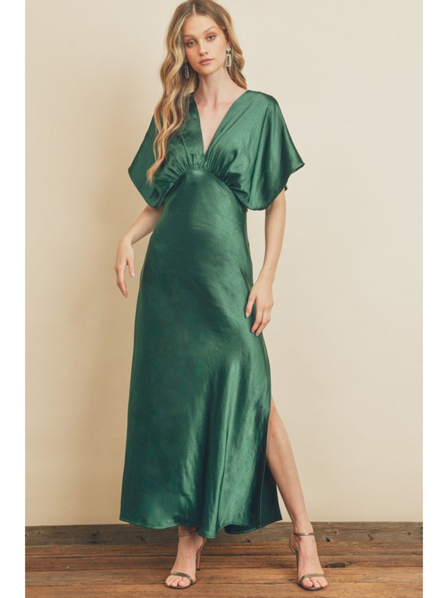 Dark Emerald Satin Blouson Maxi Dress