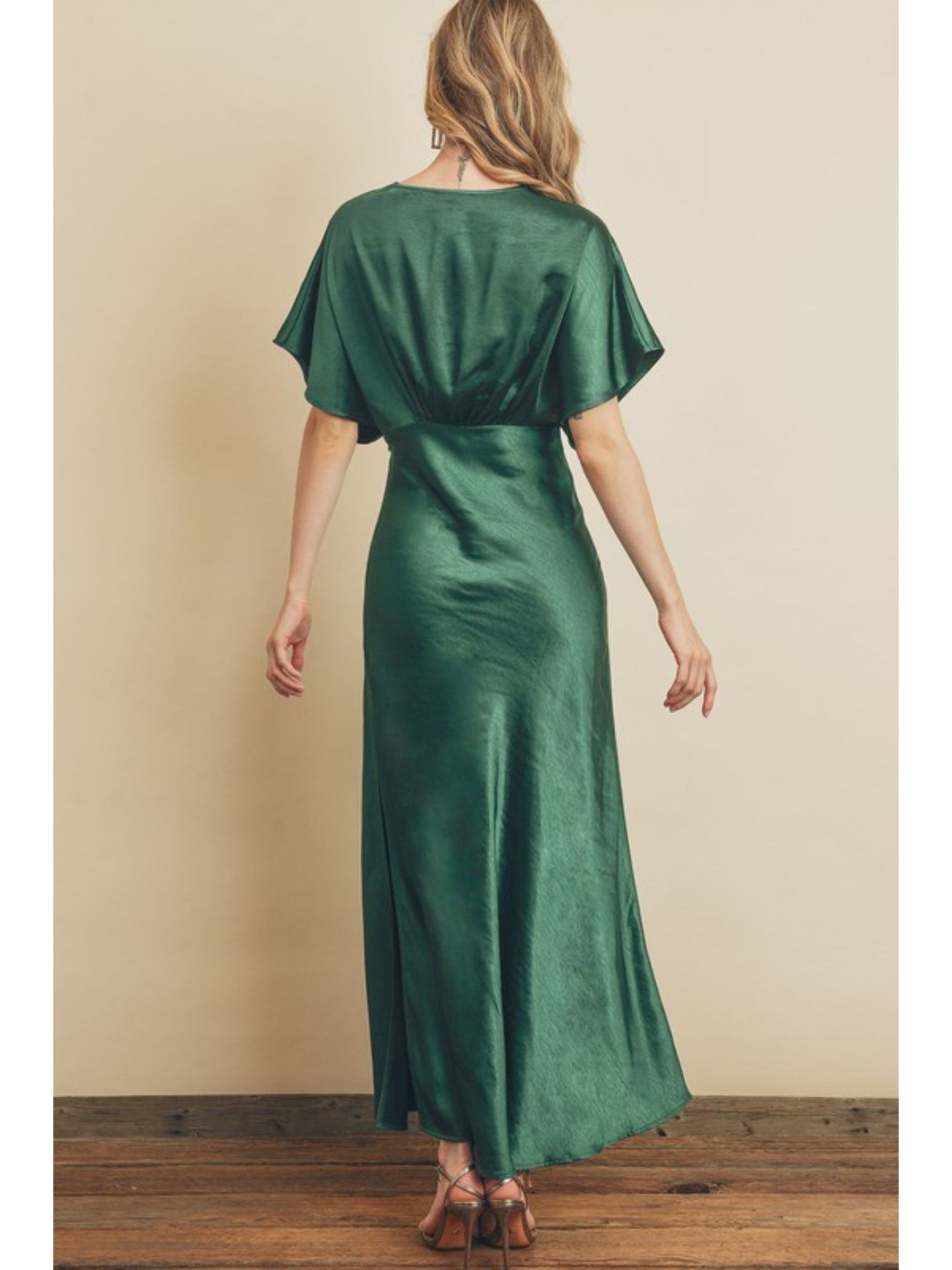 Dark Emerald Satin Blouson Maxi Dress