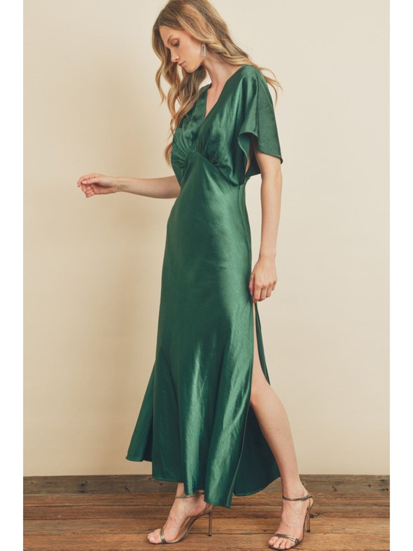 Dark Emerald Satin Blouson Maxi Dress