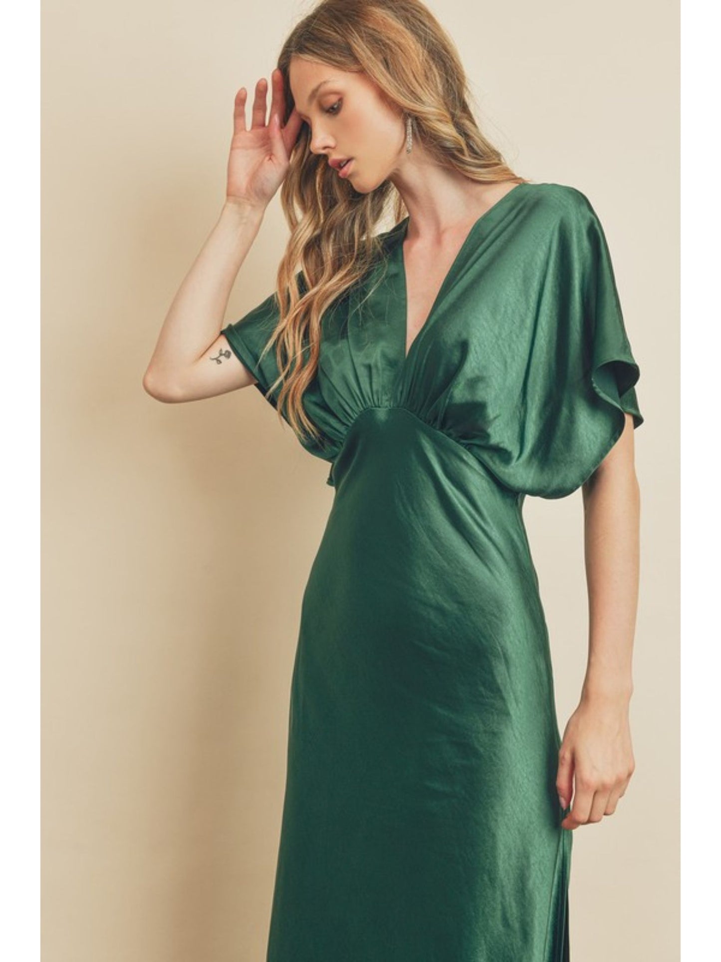 Dark Emerald Satin Blouson Maxi Dress