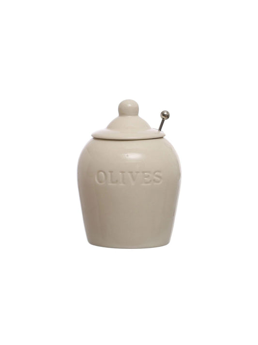 Olives Stoneware Jar w/ Slotted Spoon