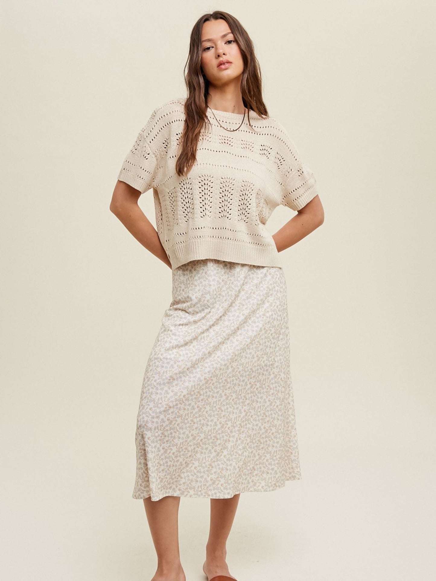Pointelle Detail Short Sleeve Sweater