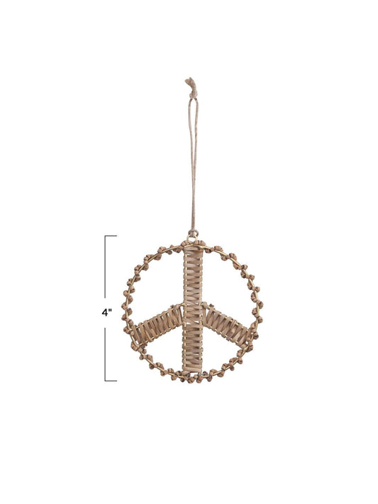 Rattan & Mango Wood Bead Peace Sign Ornament