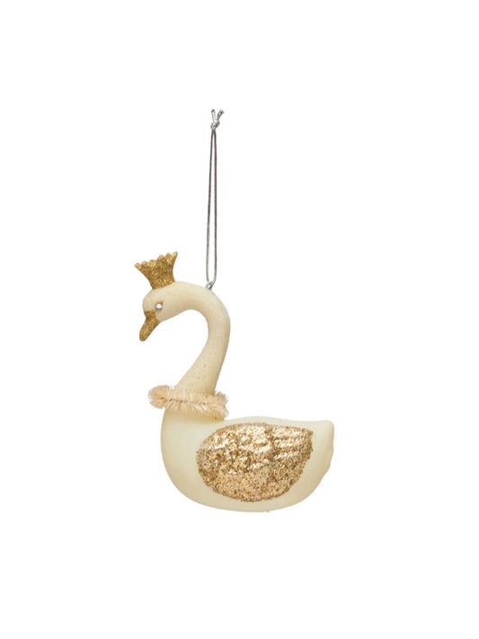 Glass Swan Ornament w/ Glitter, Crown & Sisal Wreath
