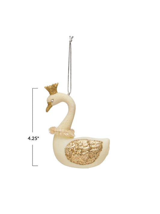 Glass Swan Ornament w/ Glitter, Crown & Sisal Wreath