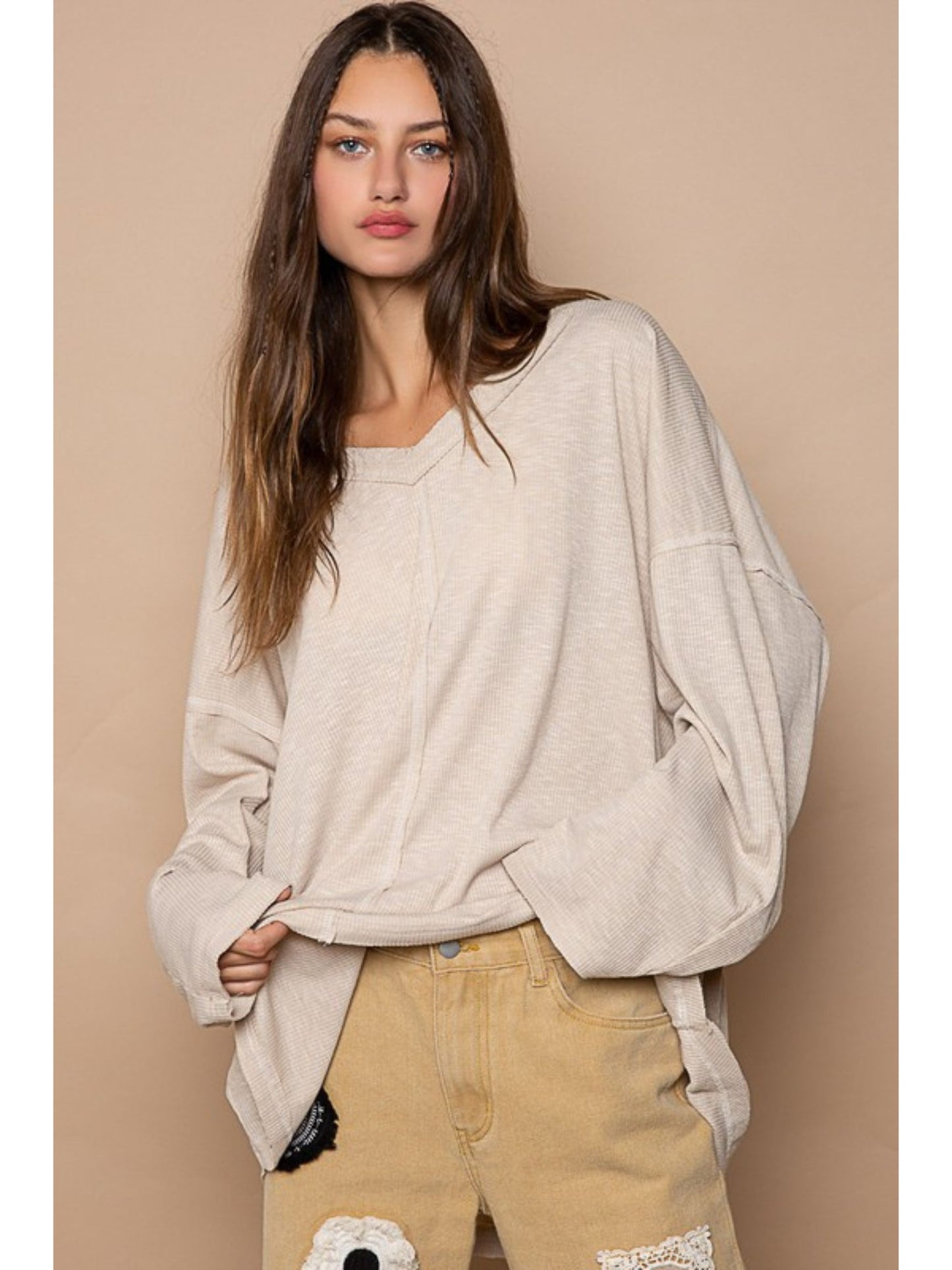 Almond Oversized Long Sleeve Top