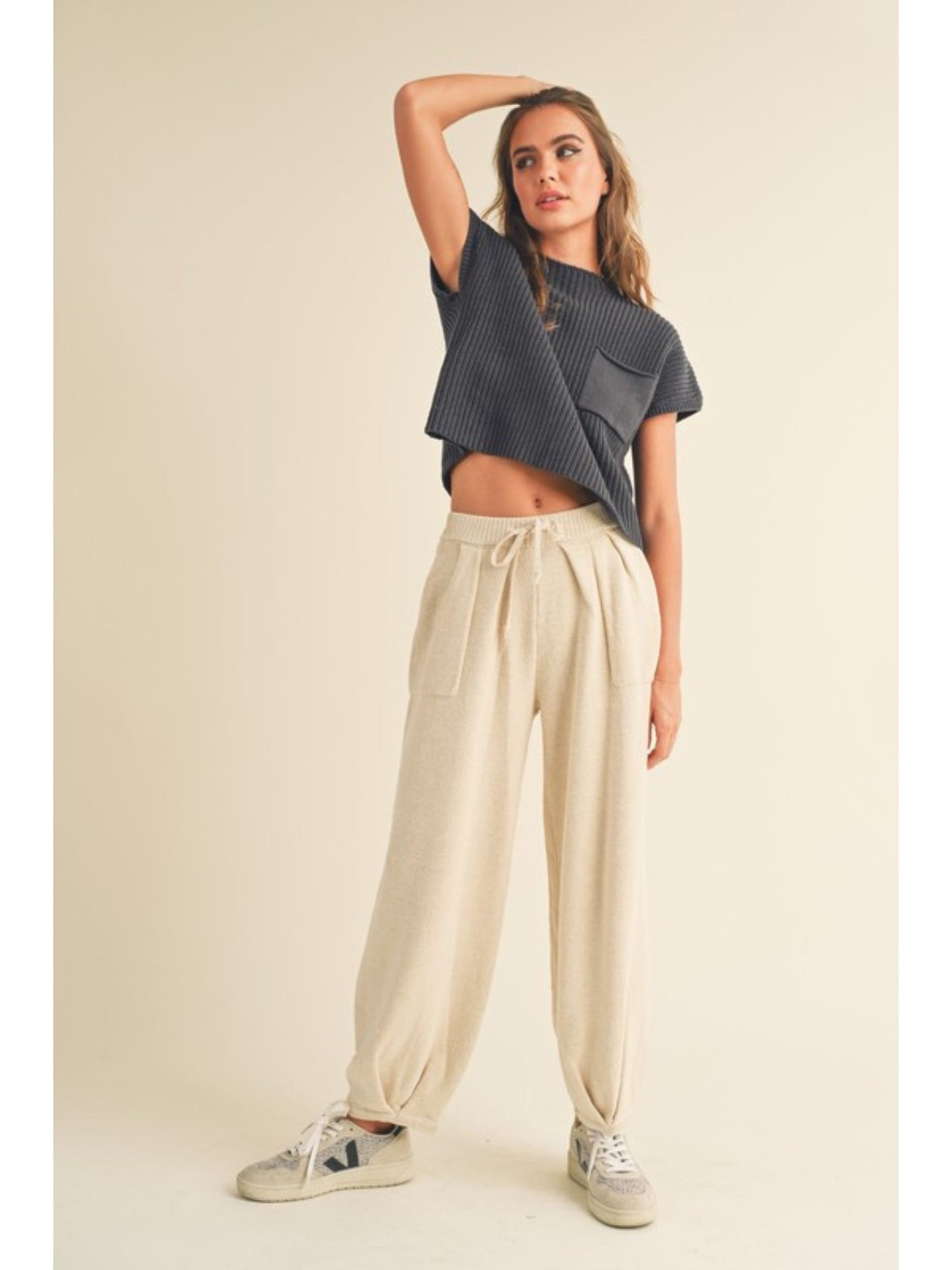 Pleated Bottom Knit Pants - Stone
