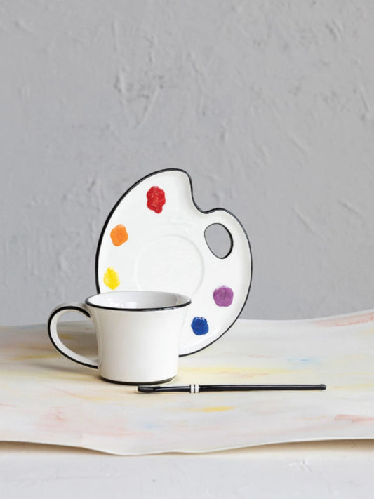 Ceramic Paint Palette Saucer w/ Teacup & Brush Shaped Stirrer, Set of 3
