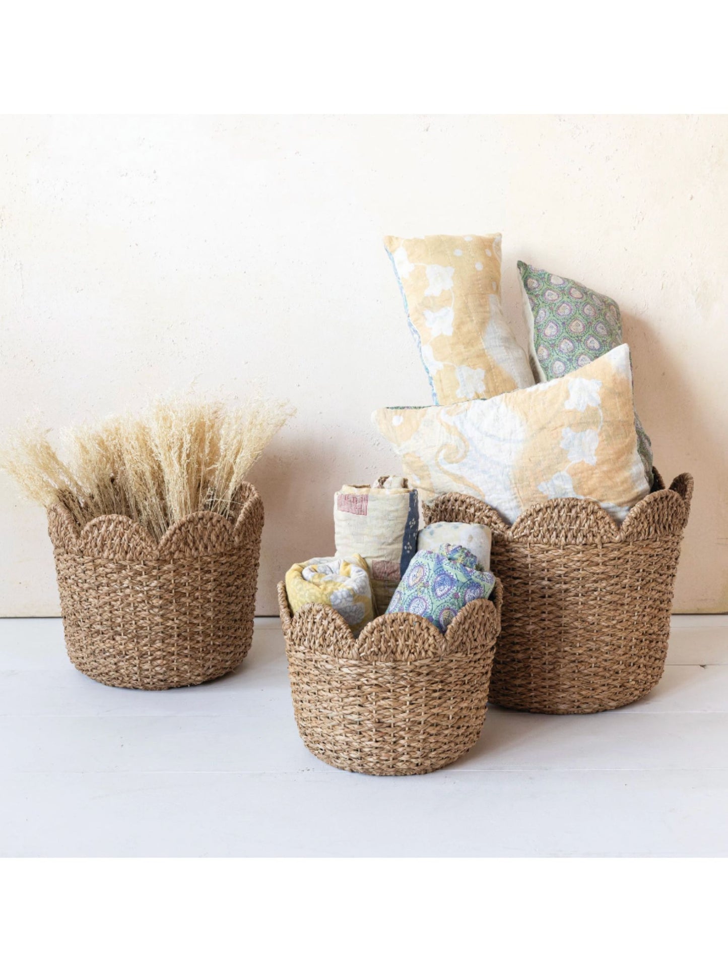 Braided Bankuan & Rattan Baskets w/ Scalloped Edge