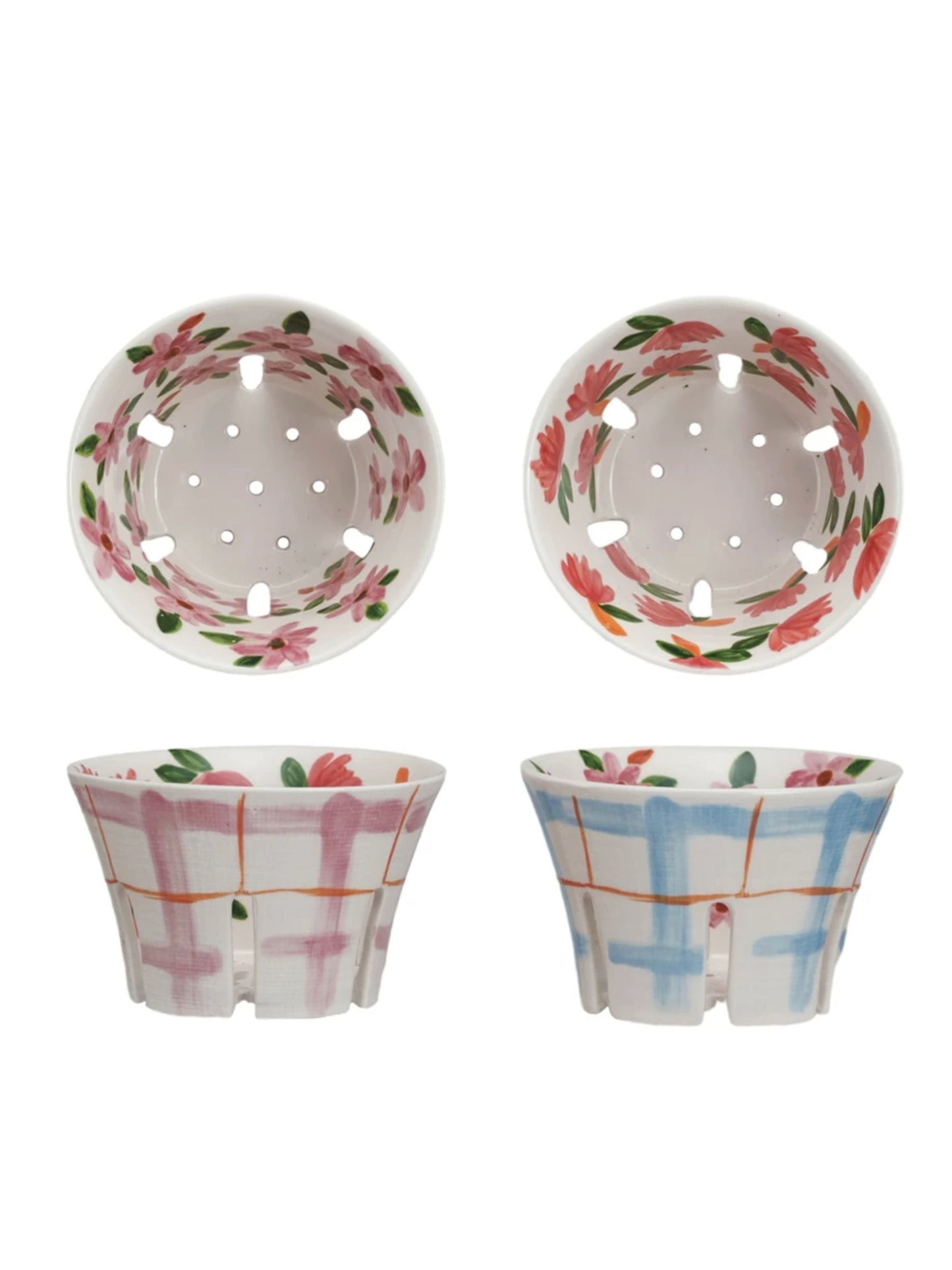 Hand-Painted Stoneware Berry Bowl w/ Plaid & Floral Pattern