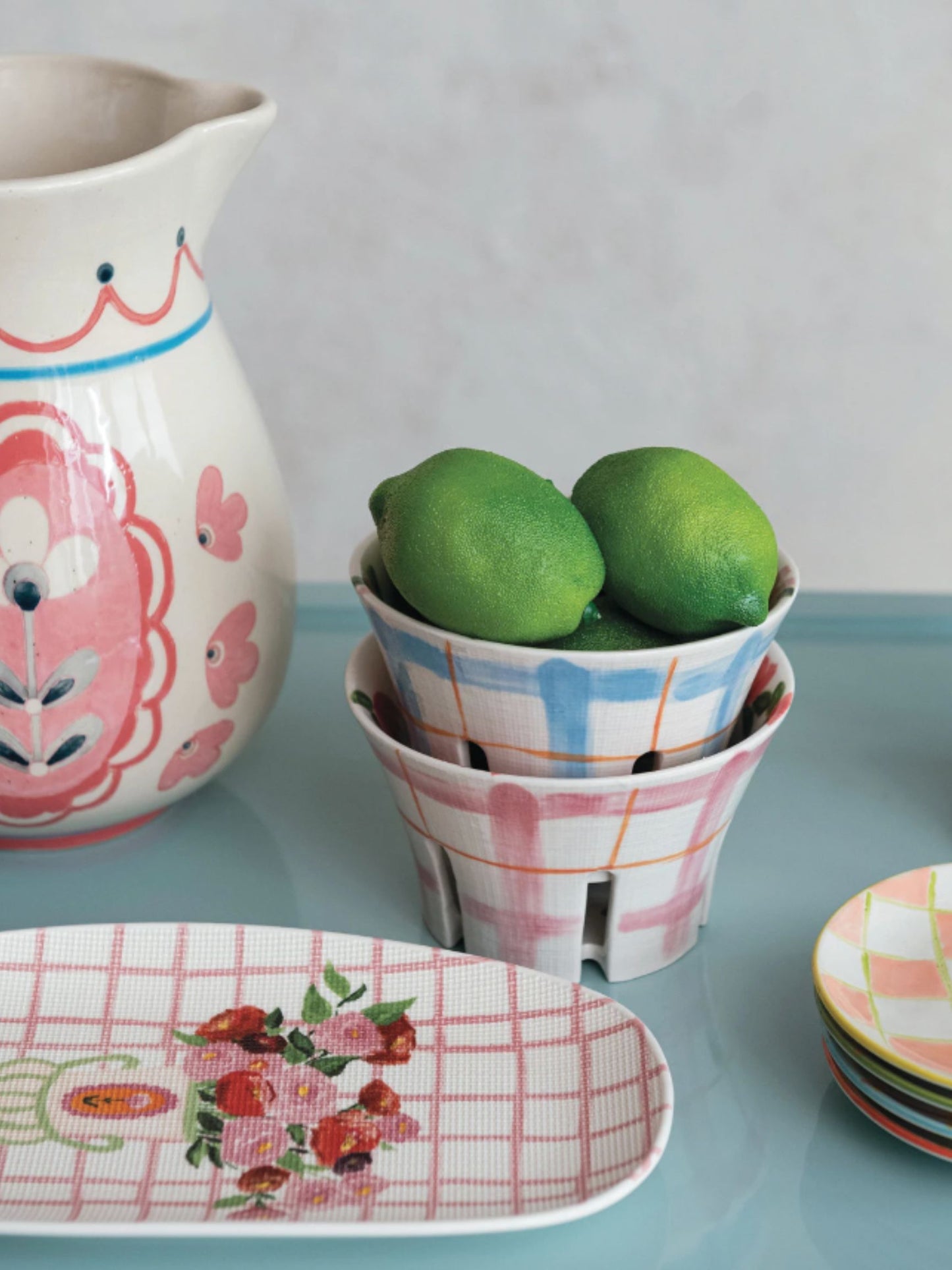 Hand-Painted Stoneware Berry Bowl w/ Plaid & Floral Pattern