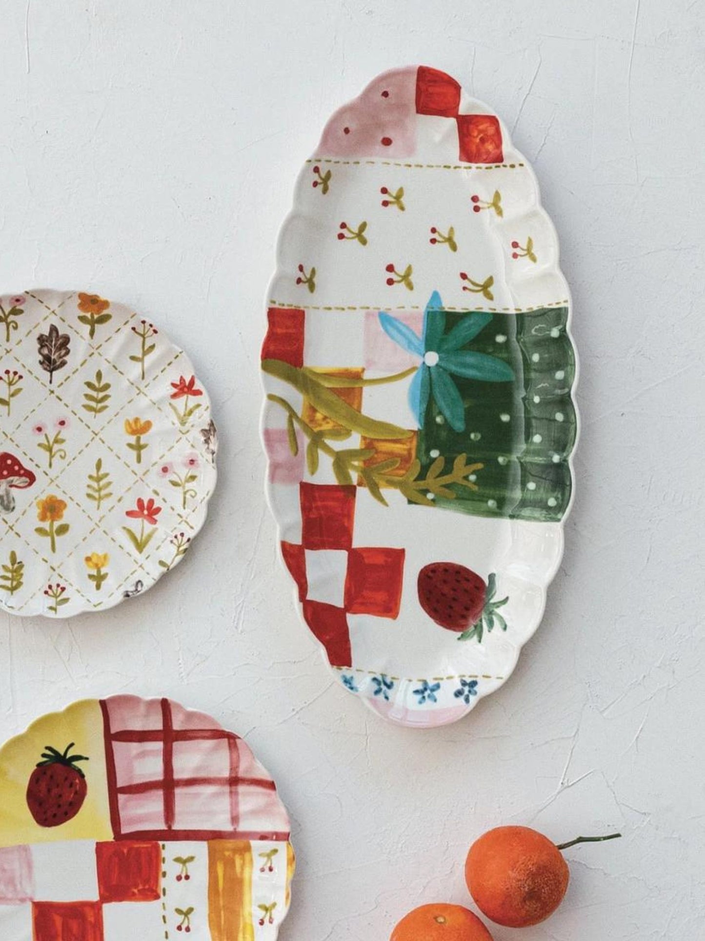 Hand-Painted Stoneware Scalloped Platter w/ Pattern