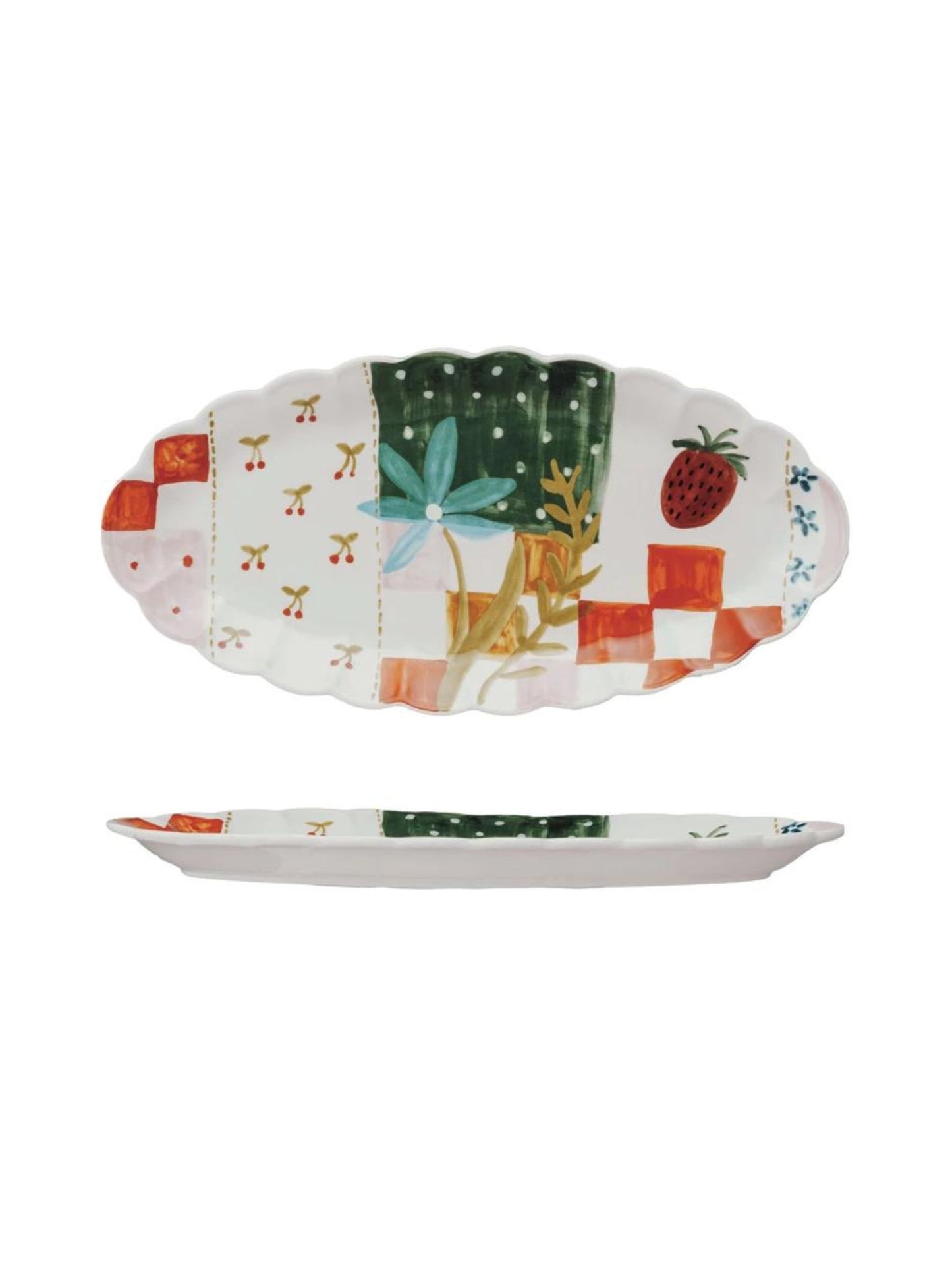Hand-Painted Stoneware Scalloped Platter w/ Pattern