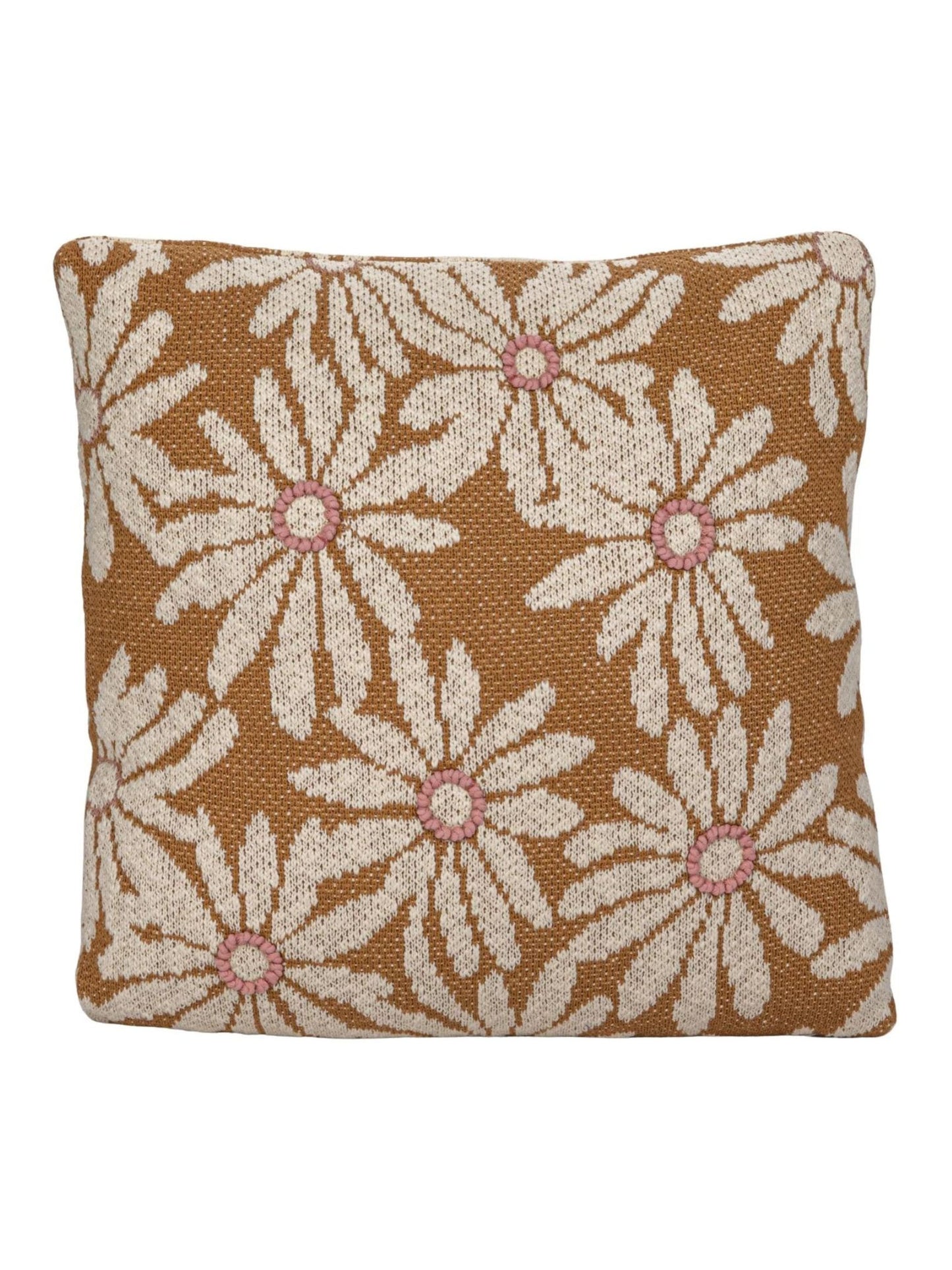 20" Square Cotton Knit Pillow w/ Flowers & Embroidery