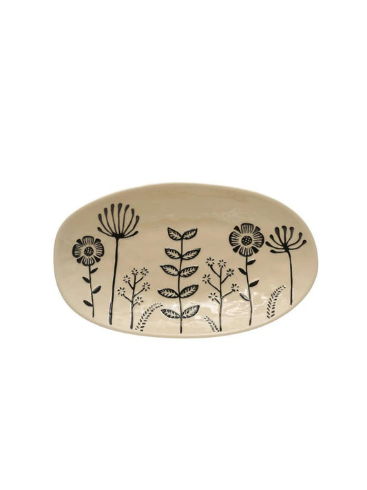 Stoneware Platter w/ Embossed Flowers