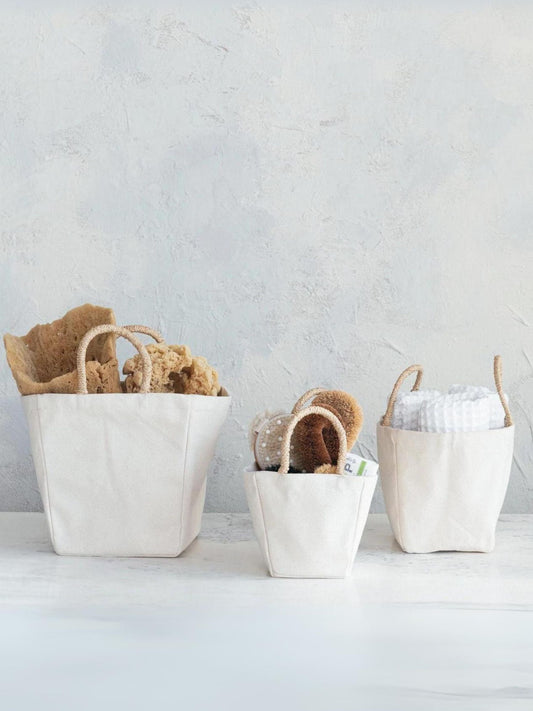 Cotton Canvas Containers w/ Braided Raffia Handles