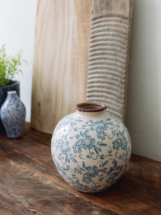 Terra-cotta Vase w/ Transferware Pattern