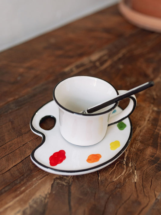 Ceramic Paint Palette Saucer w/ Teacup & Brush Shaped Stirrer, Set of 3
