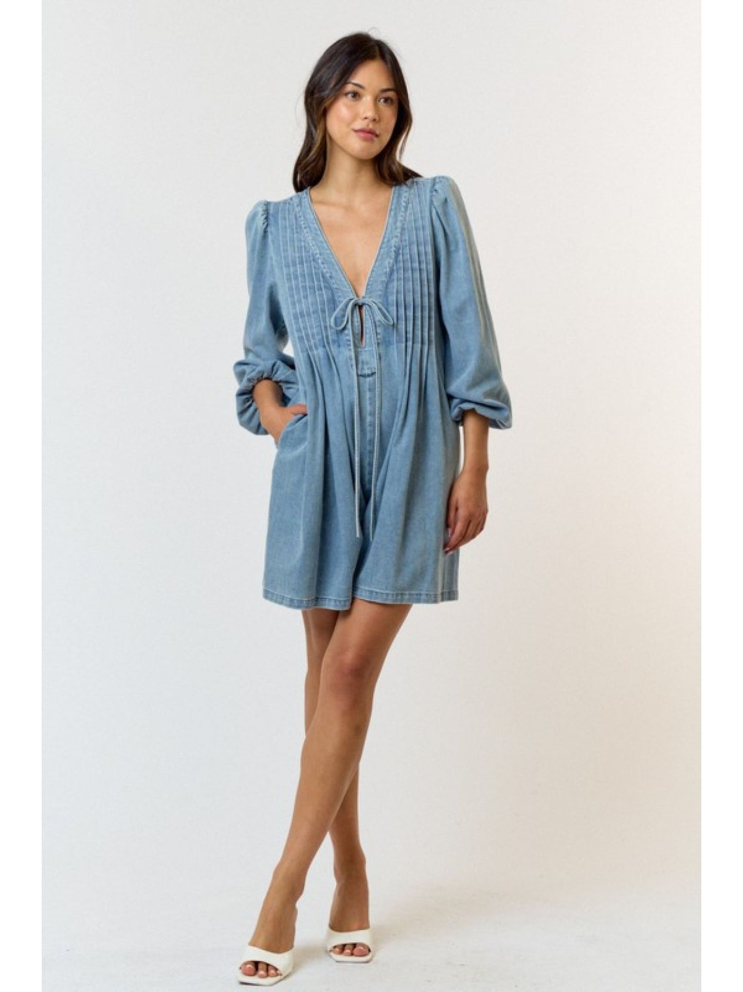 Pleated Front Tie Denim Romper