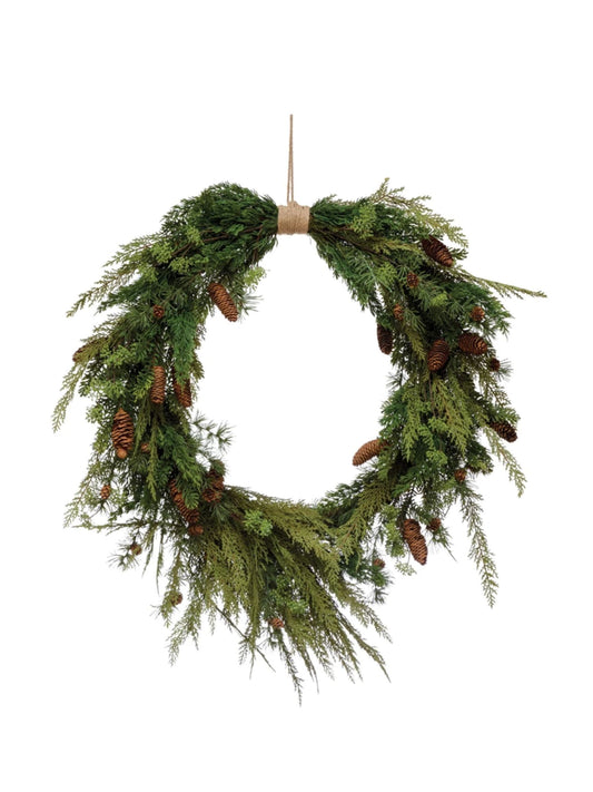 Faux Pine Wreath with Pinecones and Jute Hanger (pick up only)