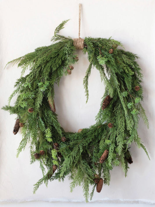 Faux Pine Wreath with Pinecones and Jute Hanger (pick up only)