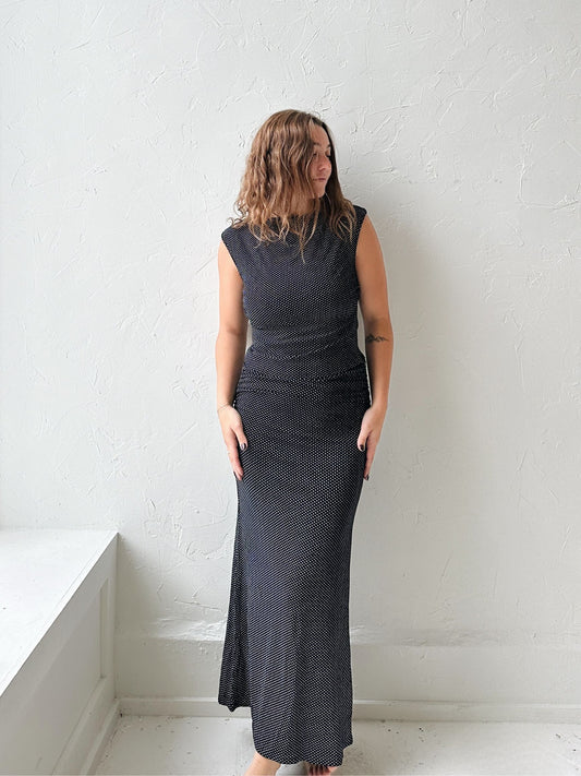 High Waisted Ruched Polka Dot Maxi Skirt