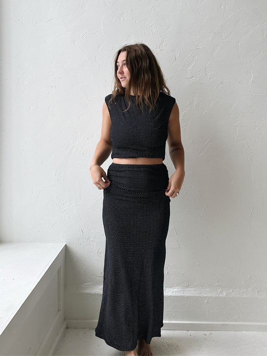 High Waisted Ruched Polka Dot Maxi Skirt