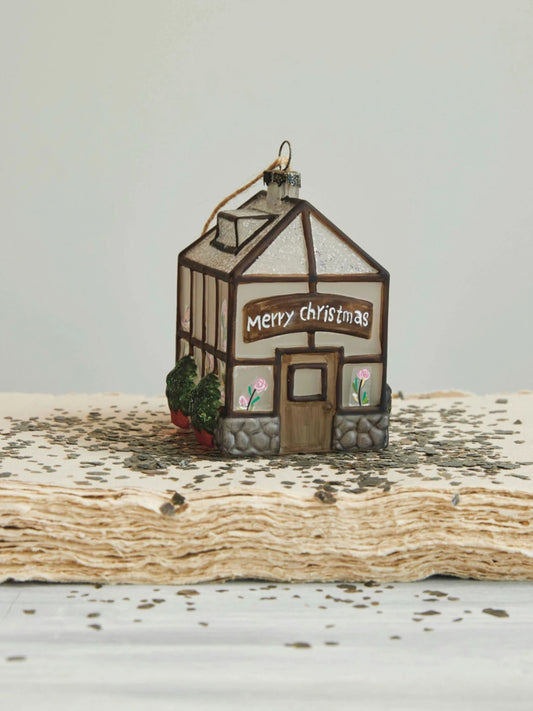 Painted Glass Greenhouse Ornament w/ Glitter "Merry Christmas"