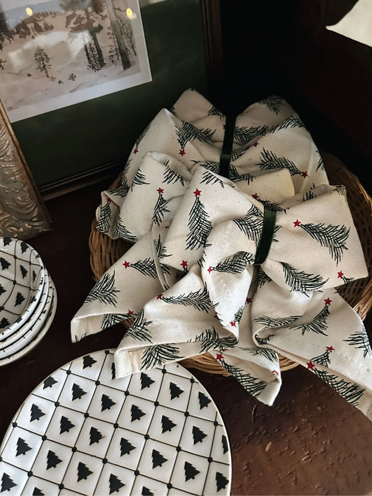Stonewashed Cotton Printed Napkins w/ Christmas Tree Pattern, Set of 4