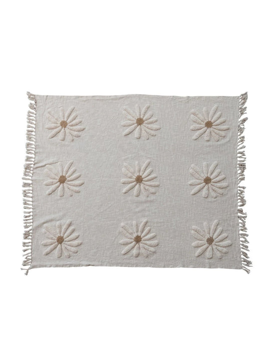 Cotton Slub Throw with Tufted Flowers & Fringe, Natural & Tan Color