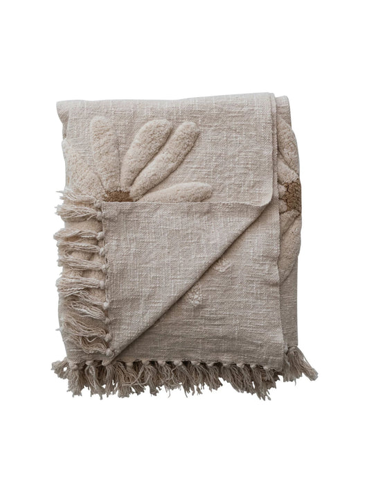 Cotton Slub Throw with Tufted Flowers & Fringe, Natural & Tan Color