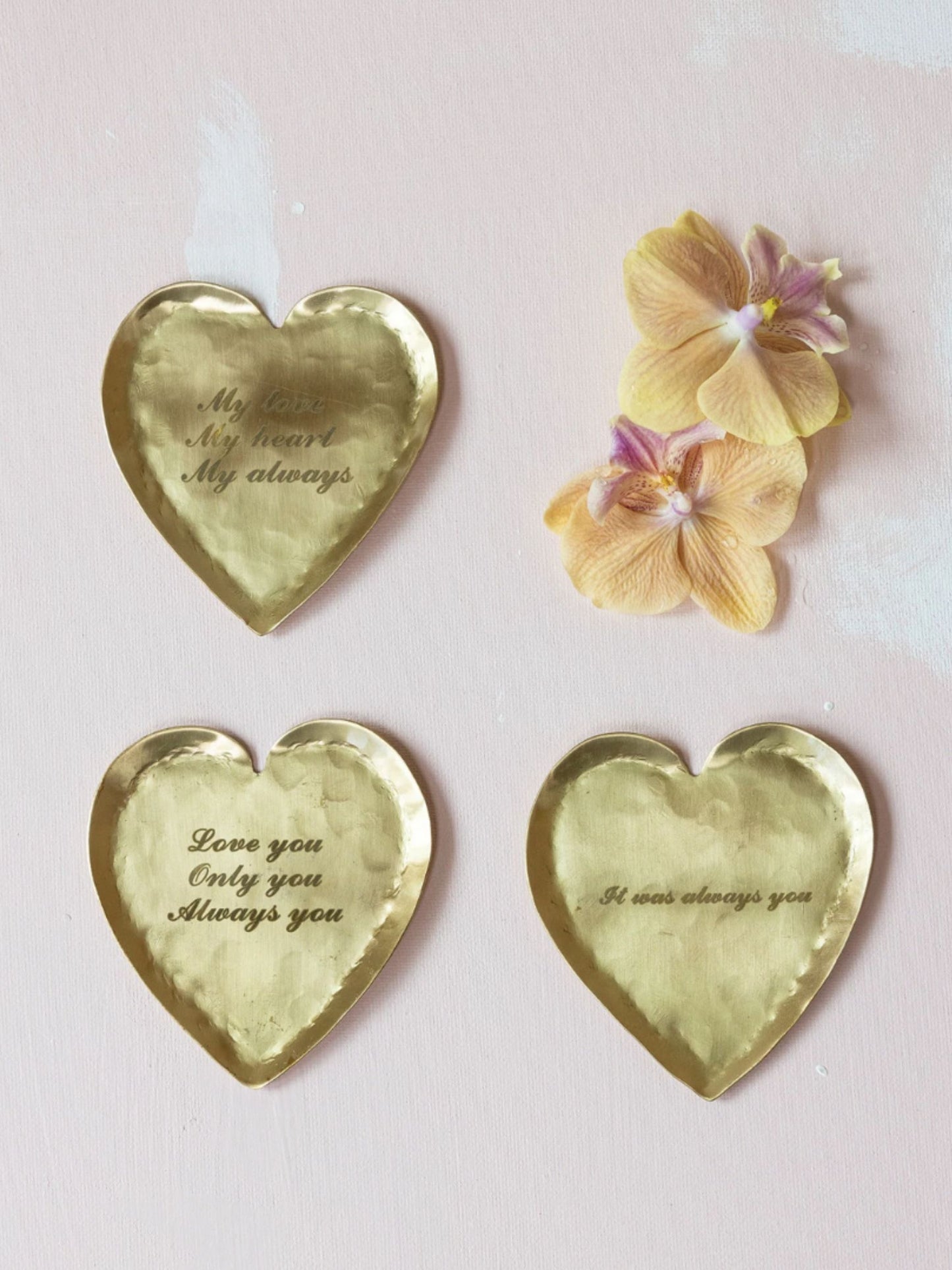 Hammered Brass Heart Shaped Dish w/ Laser Etched Saying