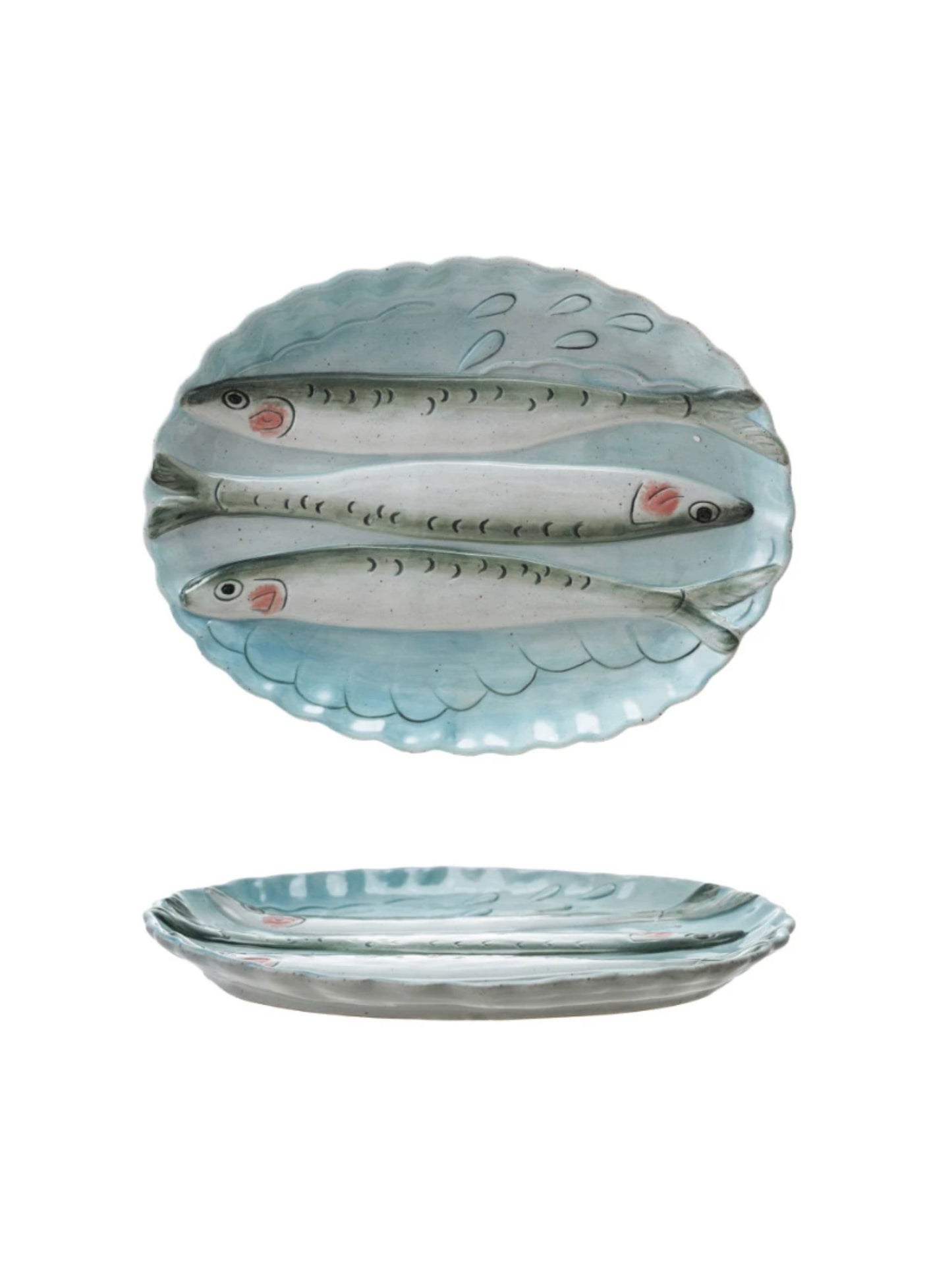 Oval Stoneware Scalloped Plate with 3D Fish Image
