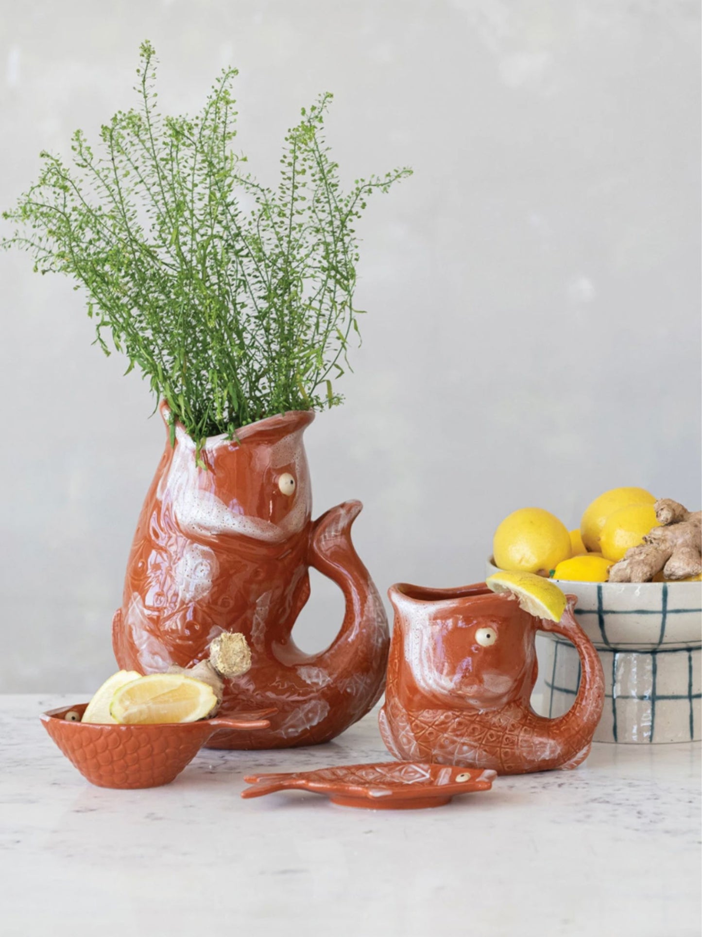 1-1/2 Quart Stoneware Fish Shaped Pitcher (Each Will Vary)