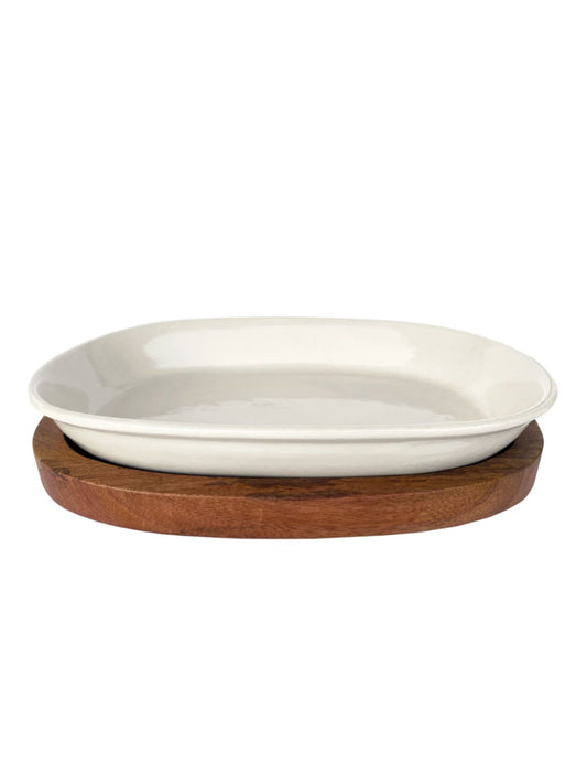 Stoneware Serving Dish/Casserole Baker w/ Mango Wood Base - Pick Up Only