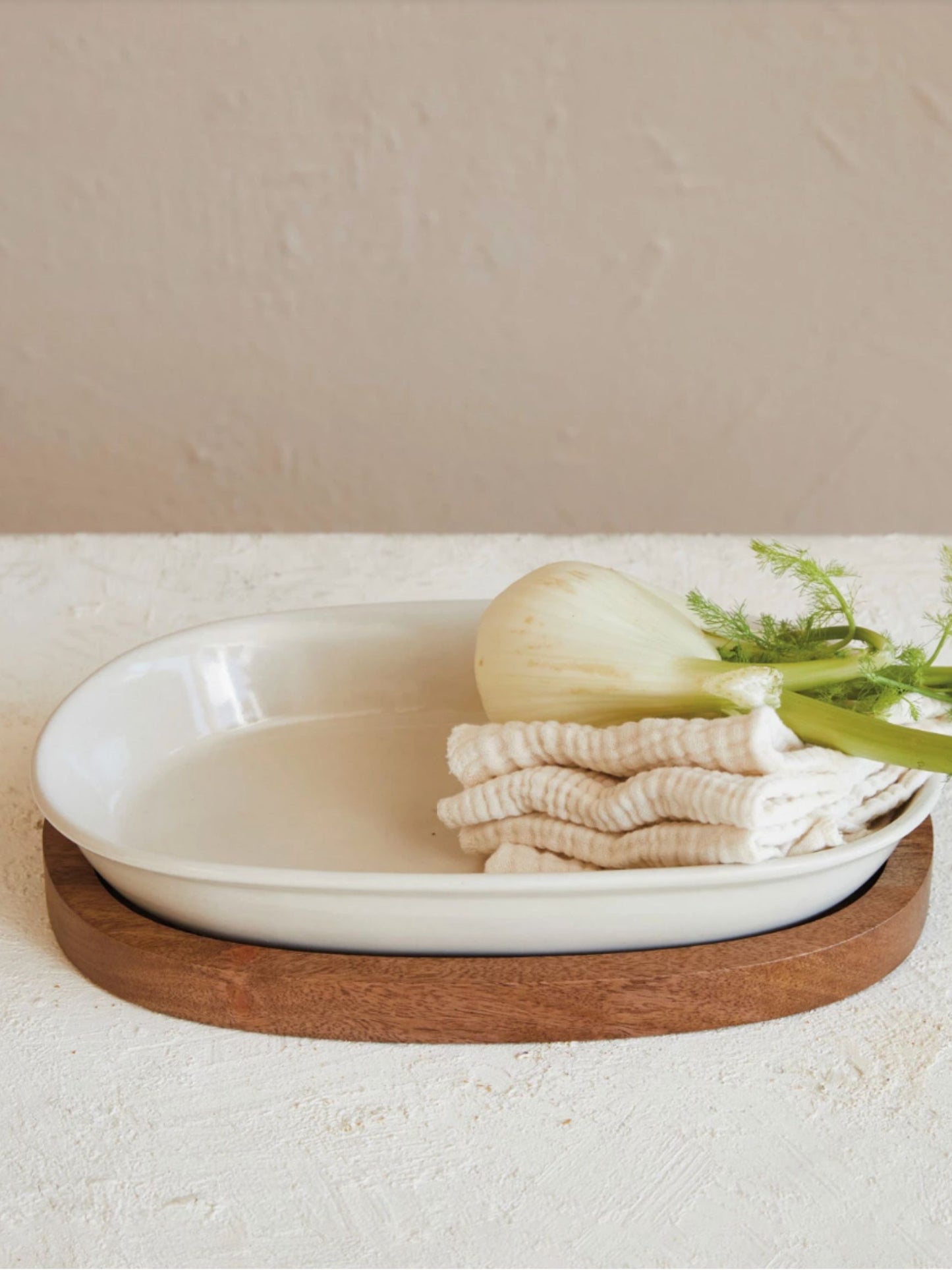 Stoneware Serving Dish/Casserole Baker w/ Mango Wood Base - Pick Up Only