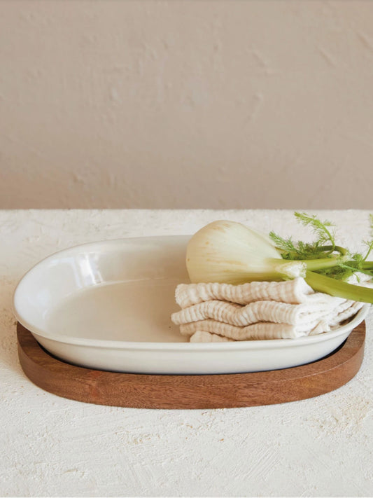 Stoneware Serving Dish/Casserole Baker w/ Mango Wood Base - Pick Up Only