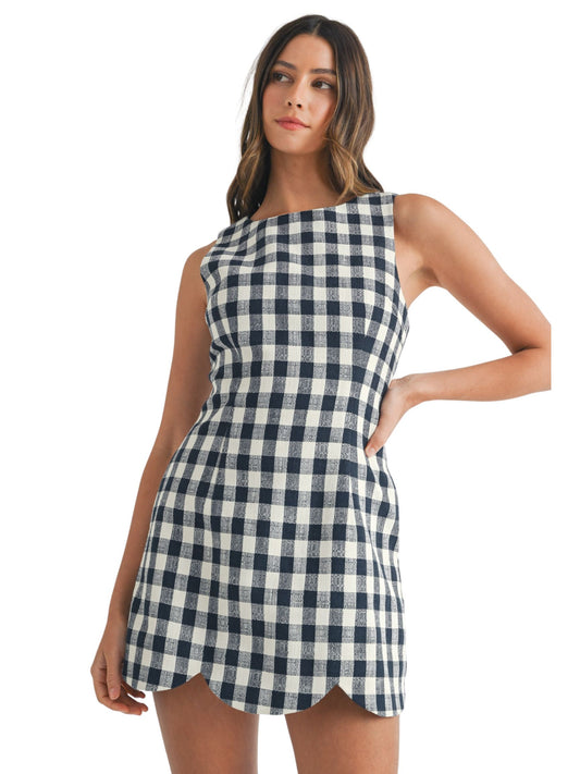 Textured Plaid Scalloped Dress - Navy