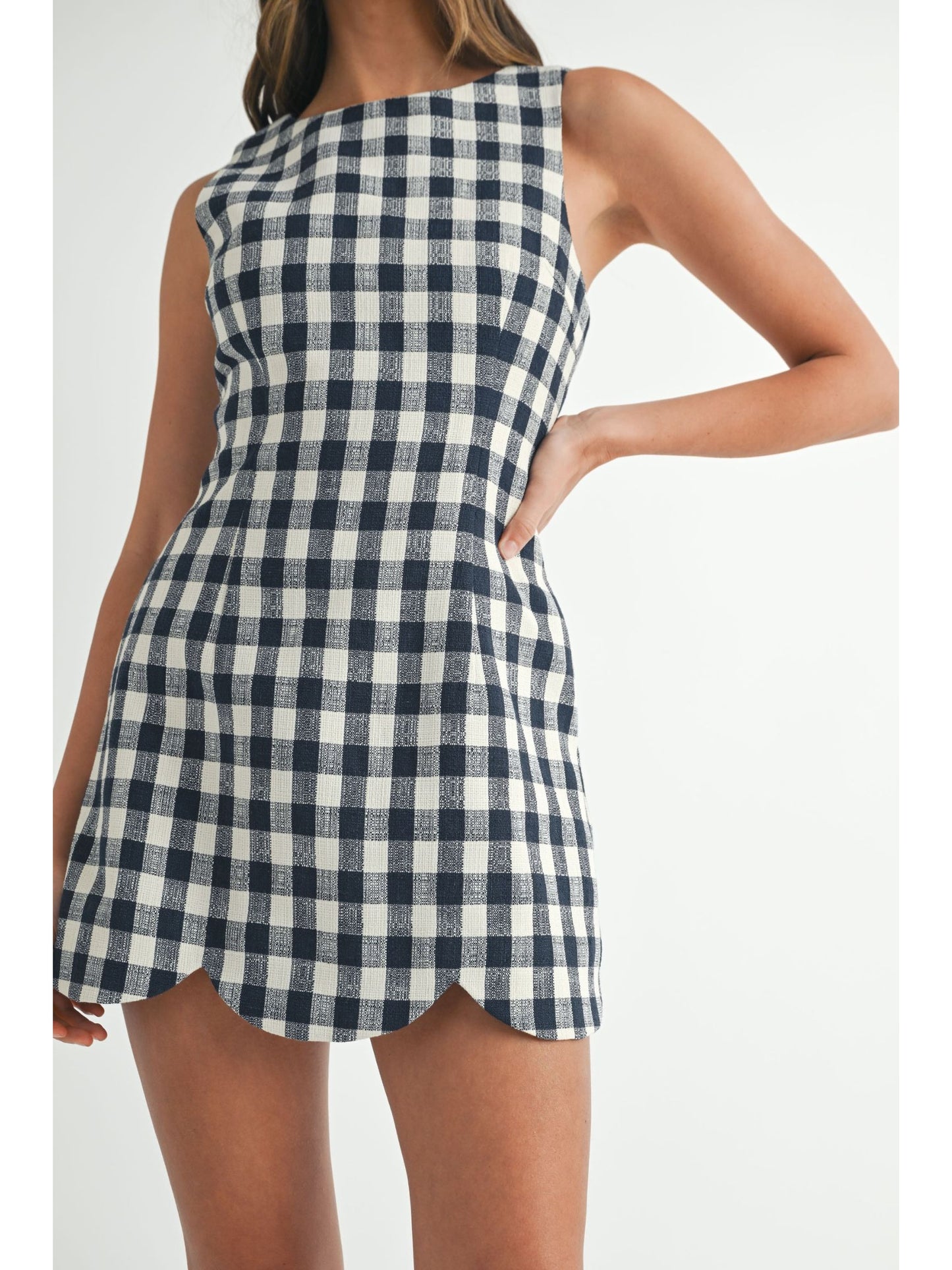 Textured Plaid Scalloped Dress - Navy