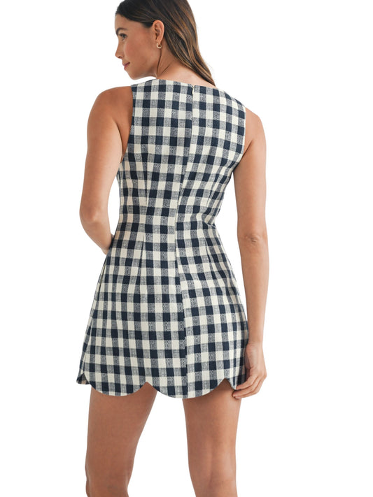 Textured Plaid Scalloped Dress - Navy