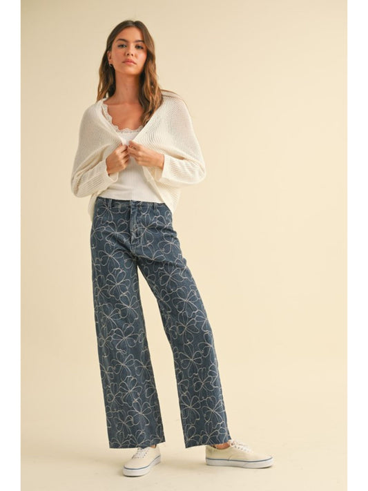 Floral Stitch Pattern Denim Pants