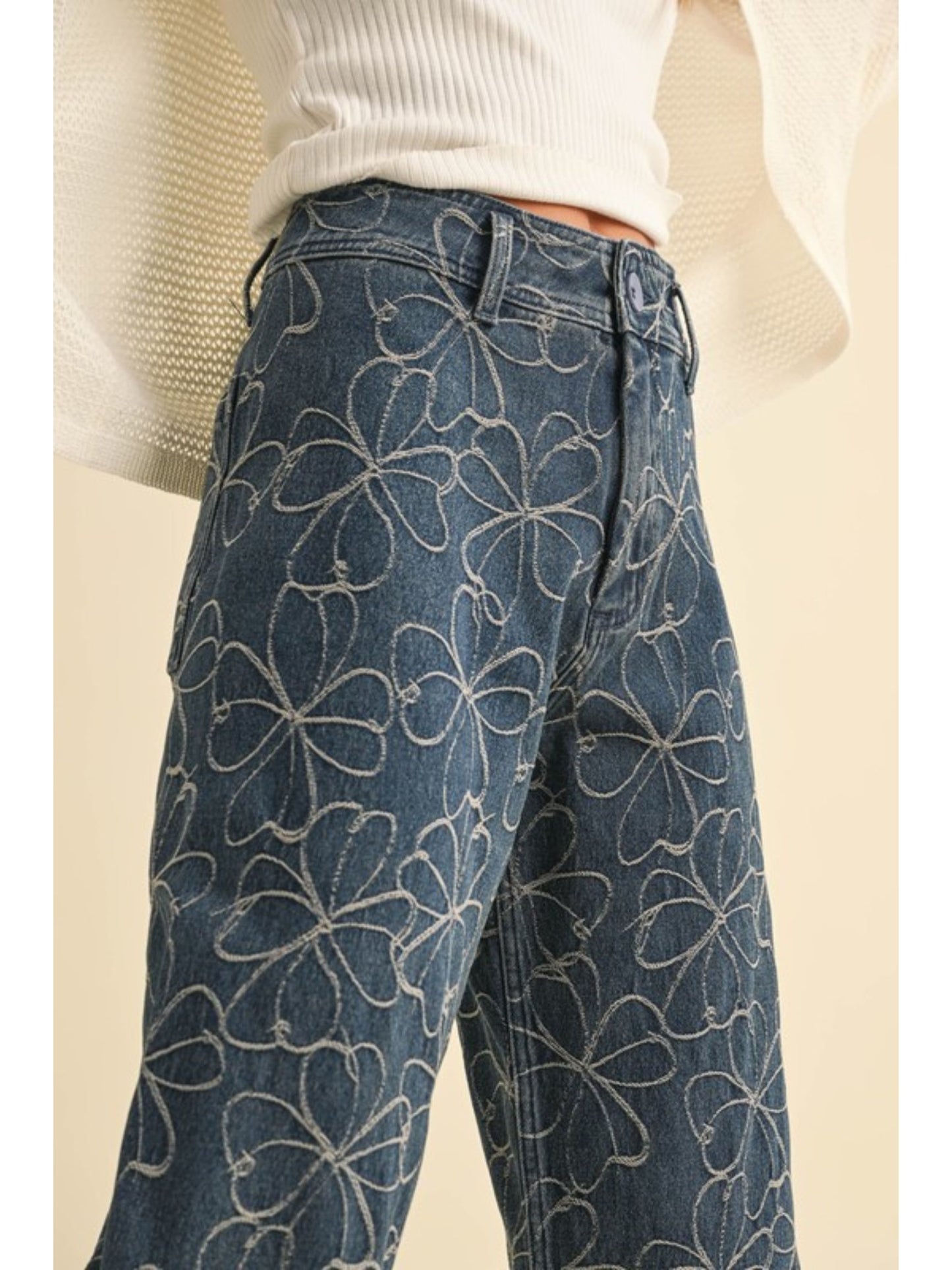 Floral Stitch Pattern Denim Pants