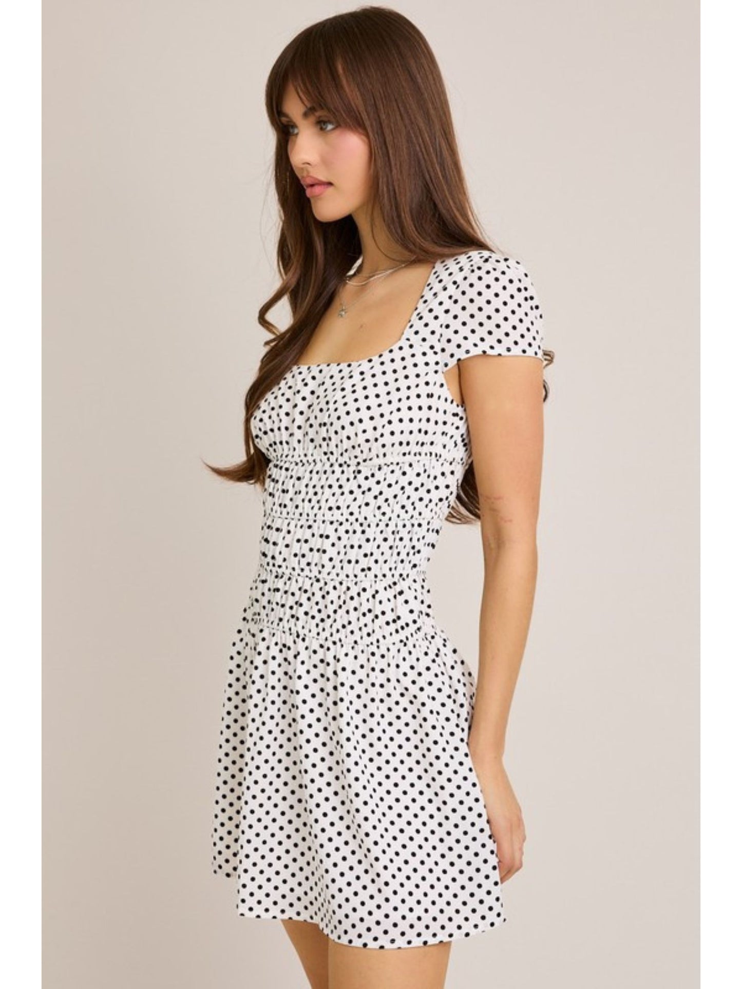 Scottie Ruched Polka Dot Mini Dress