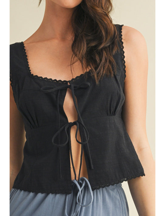Scallop Trim Tie Front Top