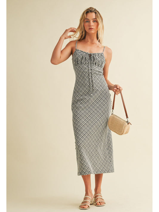Textured Plaid Drawstring Neck Midi Dress