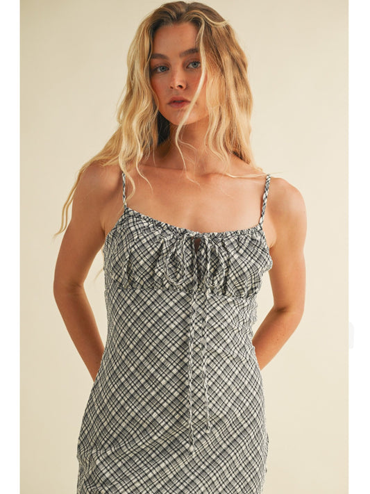 Textured Plaid Drawstring Neck Midi Dress