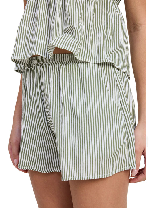 Olive Striped Shorts With Elastic Waistband